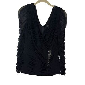 ✨ Tadashi Shoji Black Ruched Mesh Pleated Rhinestone Long Sleeve Top S ✨
